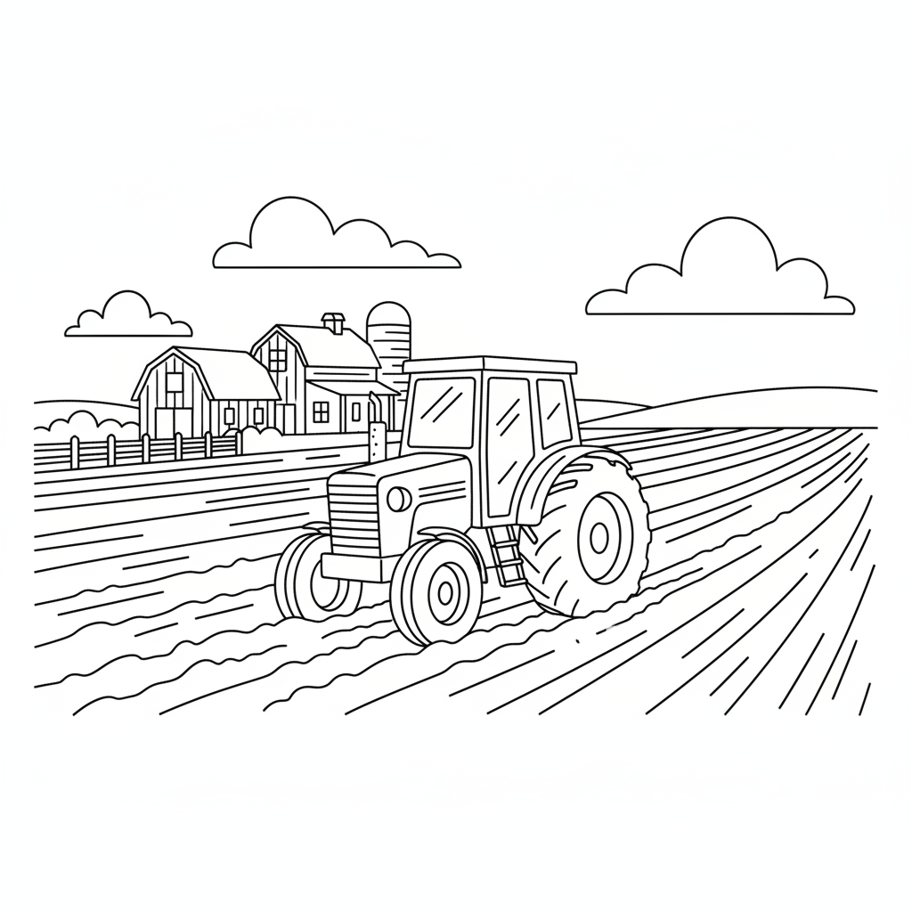 Ein Traktor auf dem Feld vor einem Bauernhof