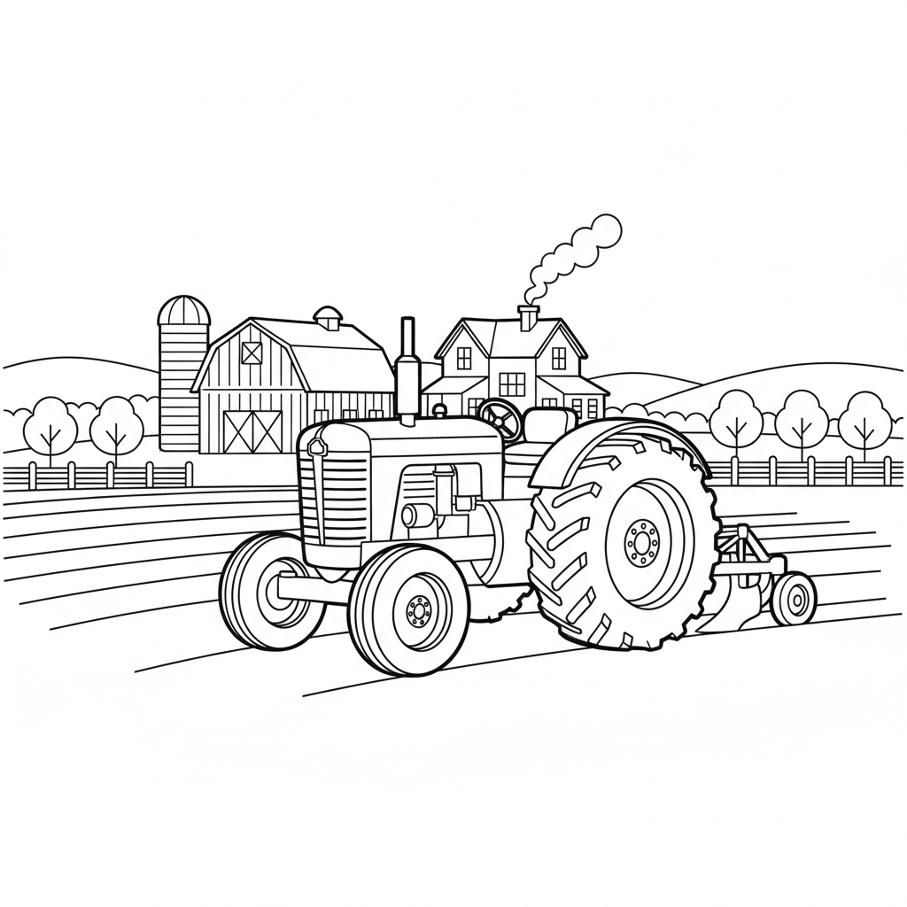 Ein Traktor auf dem Feld vor einem Bauernhof